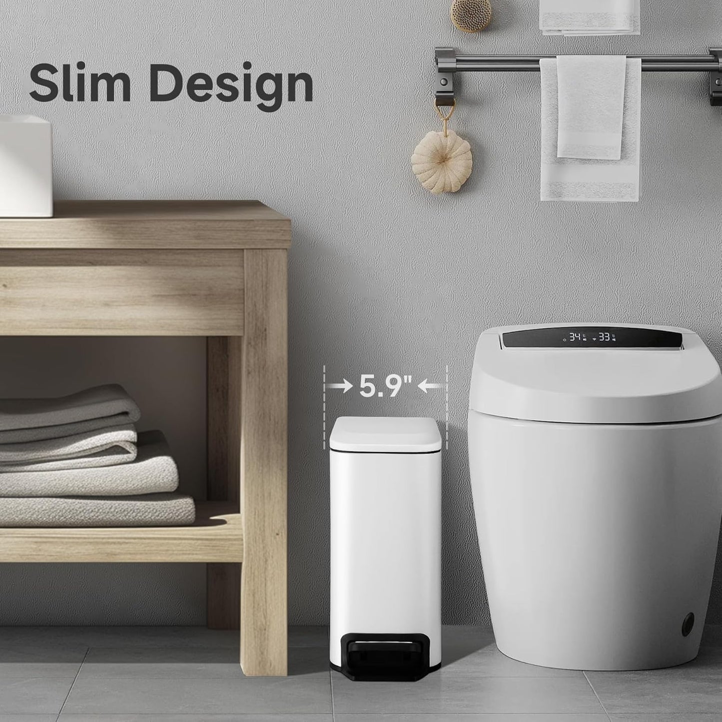 TIPGO Slim Bathroom Trash Can with Lid Soft Close, Step Pedal, 6 Liter / 1.6 Gallon Stainless Steel Trash Bin, Small Garbage Cans for Bedroom, Office, Kitchen (White)