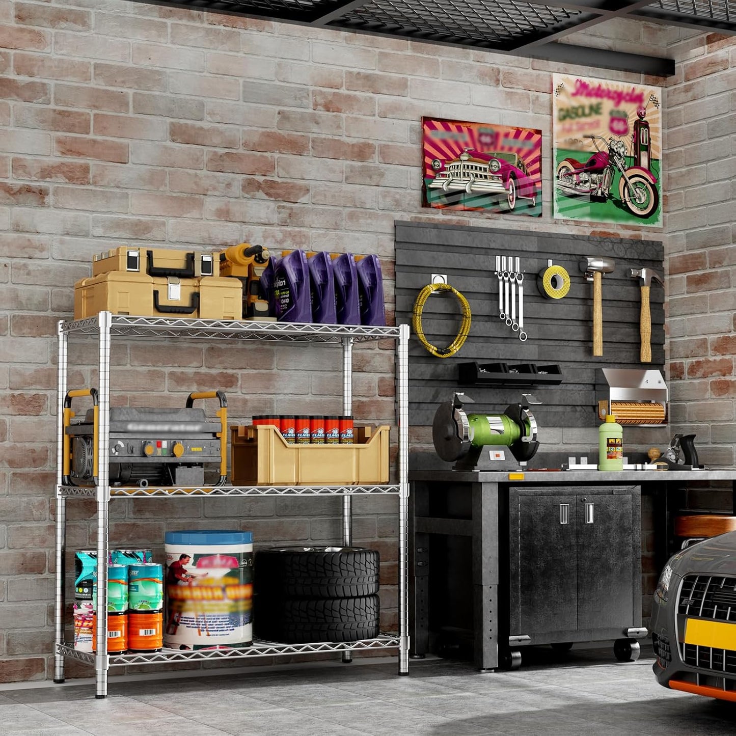 Storage Shelves, 36" L x 14" W x 36" H Heavy Duty Garage Wire Shelving Unit Loads 1050LBS, 3-Tier Adjustable Metal Industrial Utility Shelf Rack for Kitchen, Laundry Room, Basement