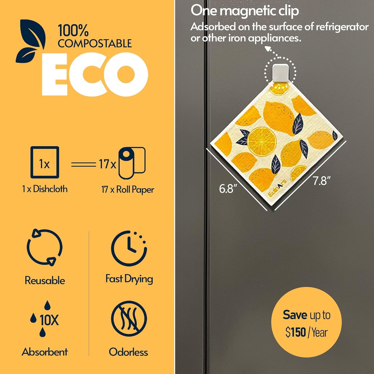 Swedish Dishcloths for Kitchen, 8 Pack Reusable Paper Towels with Clips, Non-Scratch Swedish Dish Towels, Super Absorbent Cellulose Sponge Cloths, Assorted