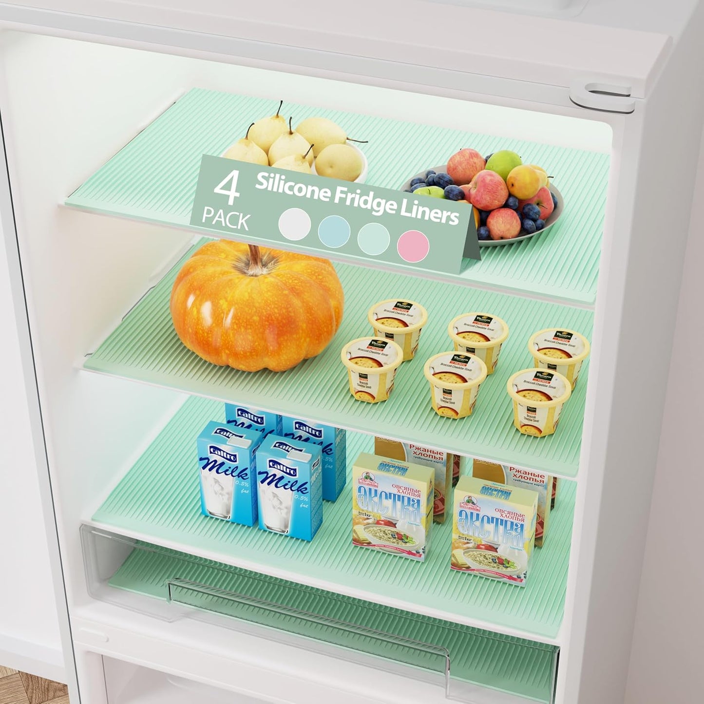 GOYLSER Silicone Refrigerator Shelf Mat, 4 Pack Waterproof Fridge Mat Liners Easy Clean Fridge Pad, Green Refrigerator Liner for Shelves 17.7x11.8 inch Drawer Table Mat