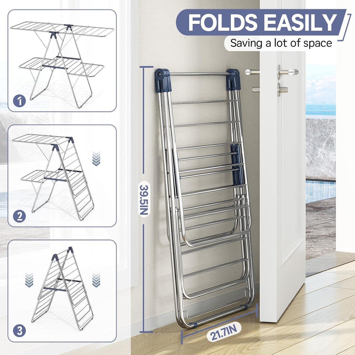 APEXCHASER Clothes Drying Rack with 4 Wings, Stainless Steel Drying Rack Clothing with Height-Adjustable, Foldable Gullwings Laundry Drying Rack, Indoor Outdoor Use, No Assembly, Blue