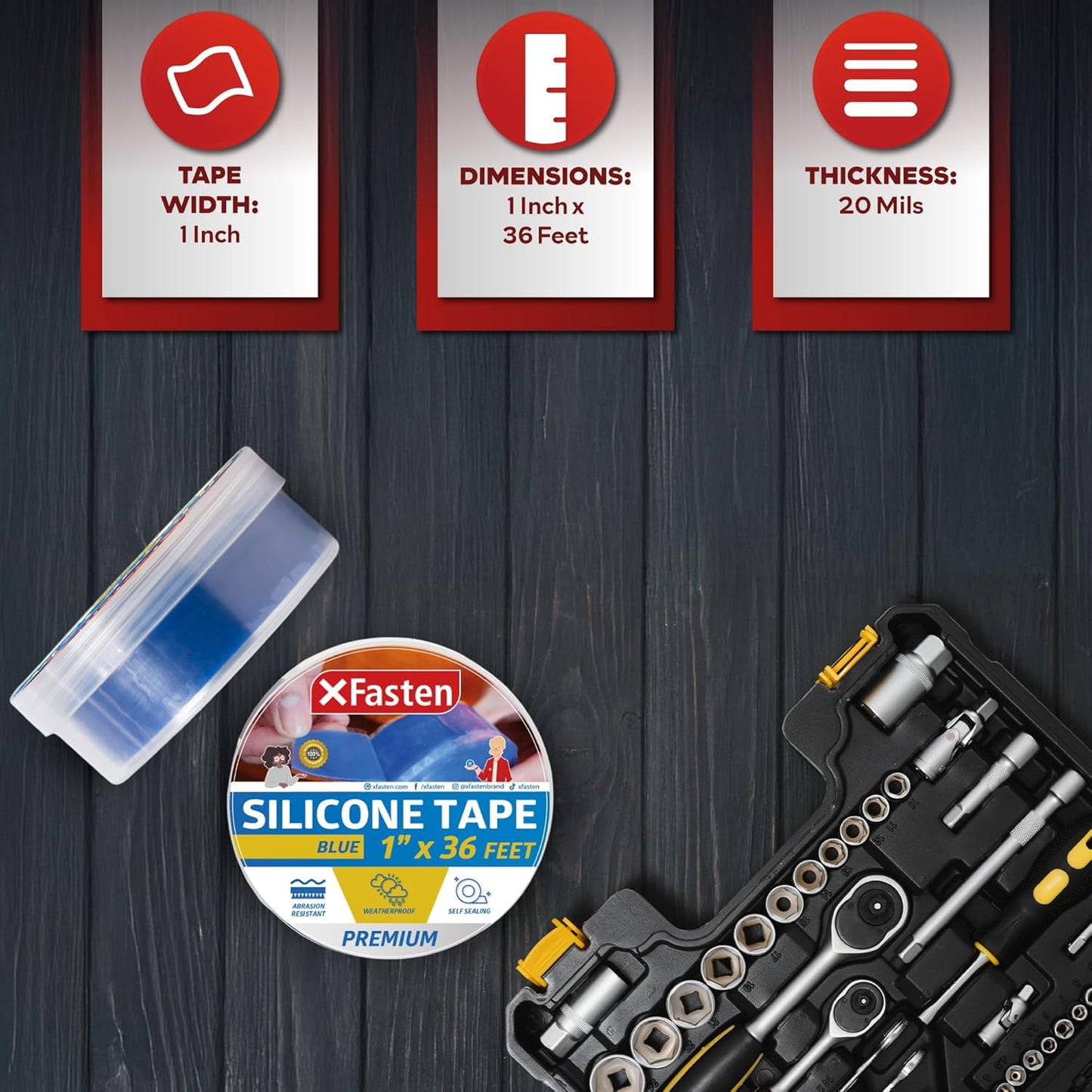 XFasten Self Fusing Silicone Tape Waterproof – 1" x 36 Feet Blue, Self Amalgamating Tape, Silicone Rubber for Plumbing, Sealing Pipes, Hose Repair, Outdoor Coax and Electrical Cables – Weatherproof