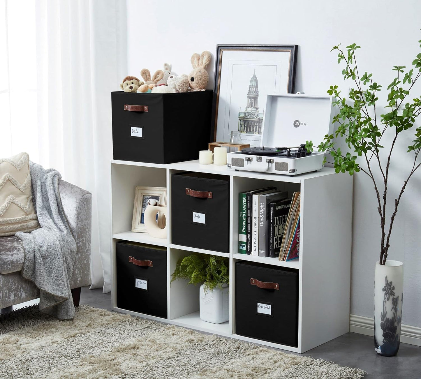 DECOMOMO Storage Baskets, 13x15x13 Storage Cube Bins with Labels for Organizing Shelves Kallax (Kallax / 4pcs, Black)