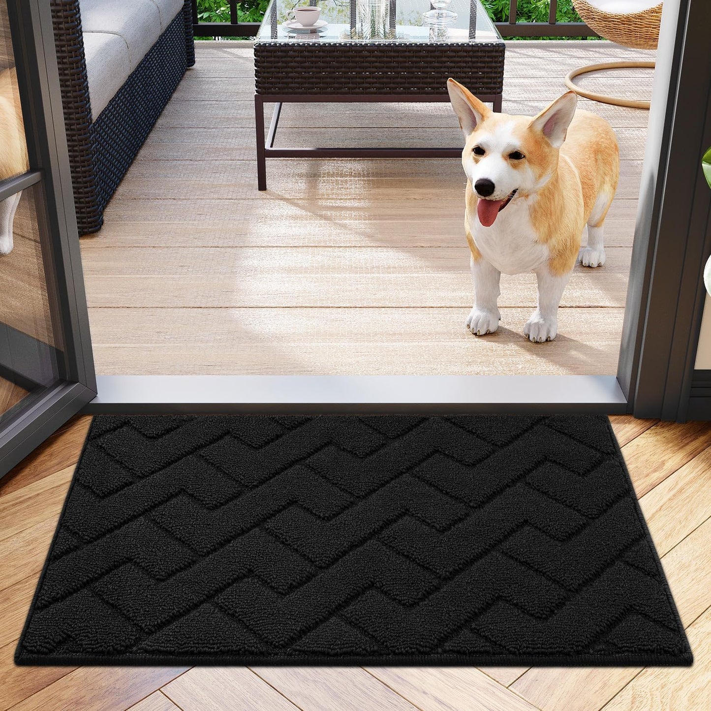hicorfe Indoor Doormat,Welcome Door Mat TPR Backing Non Slip Mats 20"x31.5" Absorbent Resist Dirt Entrance Doormat Inside Floor for Entryway Washable Low-Profile (Black)