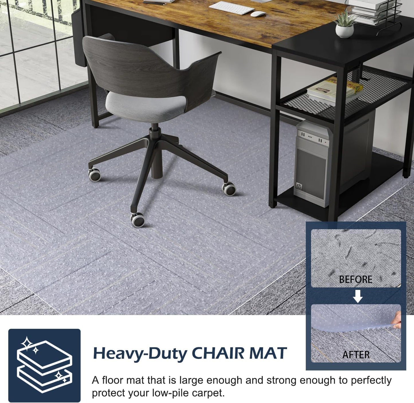 Chair Mat for Carpet, SALLOUS 46" x 60" Office Chair Mat for Carpeted Floors, Heavy Duty Vinyl Floor Mat with Grips, Floor Protector Computer Desk Mat for Home Office (Clear, Rectangular)