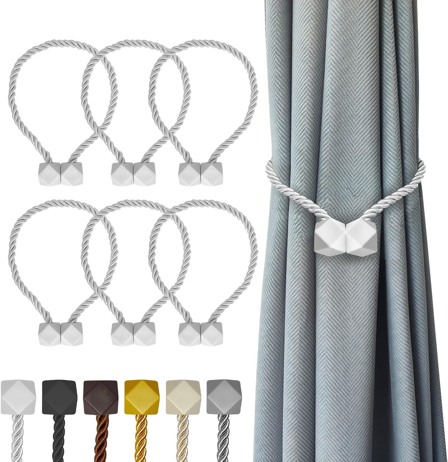 Hion Magnetic Curtain Tiebacks White 6 Pack, Curtain Tiebacks Buckles Holdbacks Holders Hooks Clip for Home Bedroom Office Decorative Thick or Thin Curtain