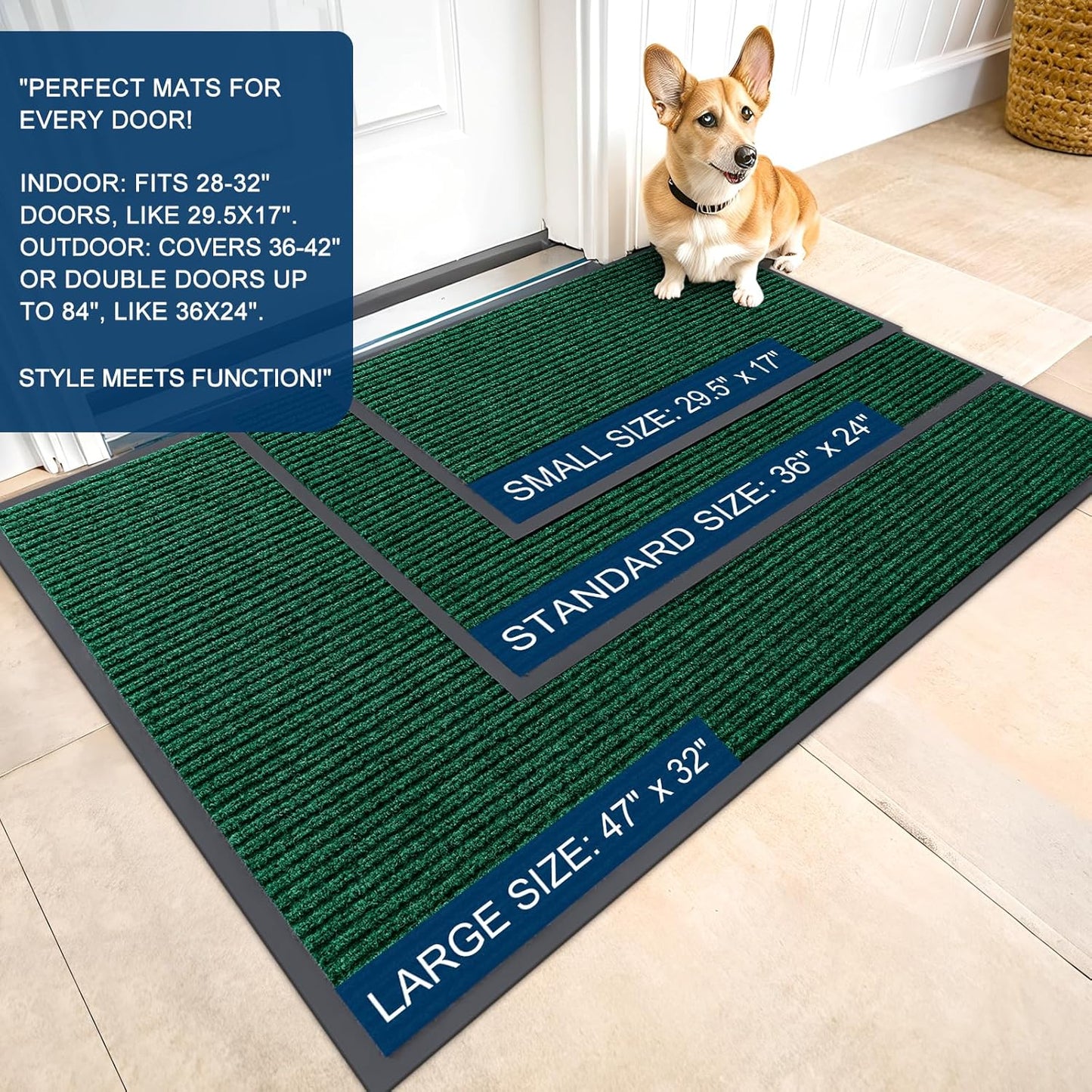 OLANLY Front Door Mat Indoor Outdoor Entrance, Waterproof Heavy Duty Doormat, Fade Resistant, Low Profile, Easy Clean Patio Porch Welcome Floor Mats for Entry, 40x32, Green