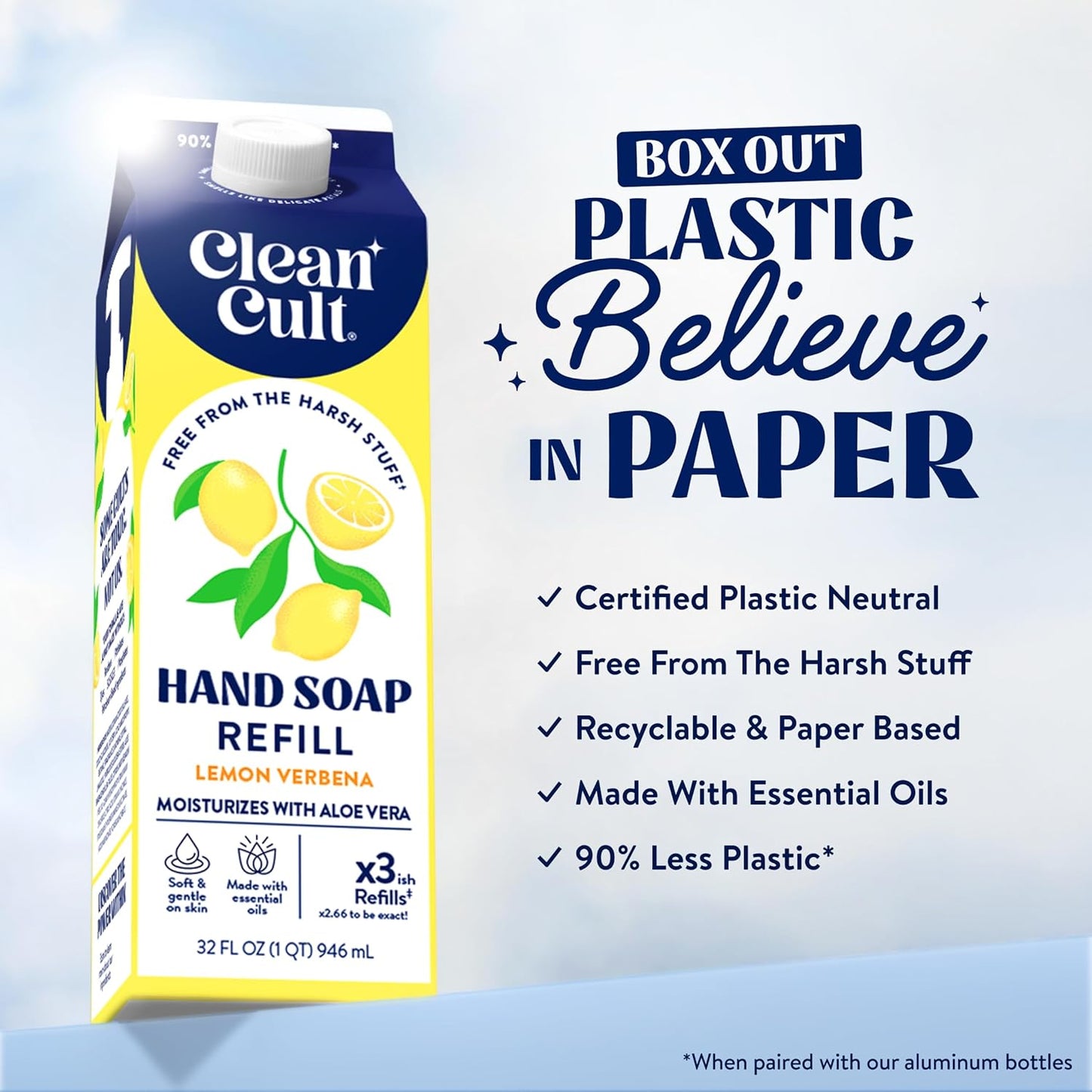 Cleancult Liquid Hand Soap Refills - Lemon Verbena - Moisturizes Dry & Sensitive Skin - Made with Aloe Vera & Essential Oils - Eco Friendly - Paper-Based Packaging - 32 oz/3 Pack