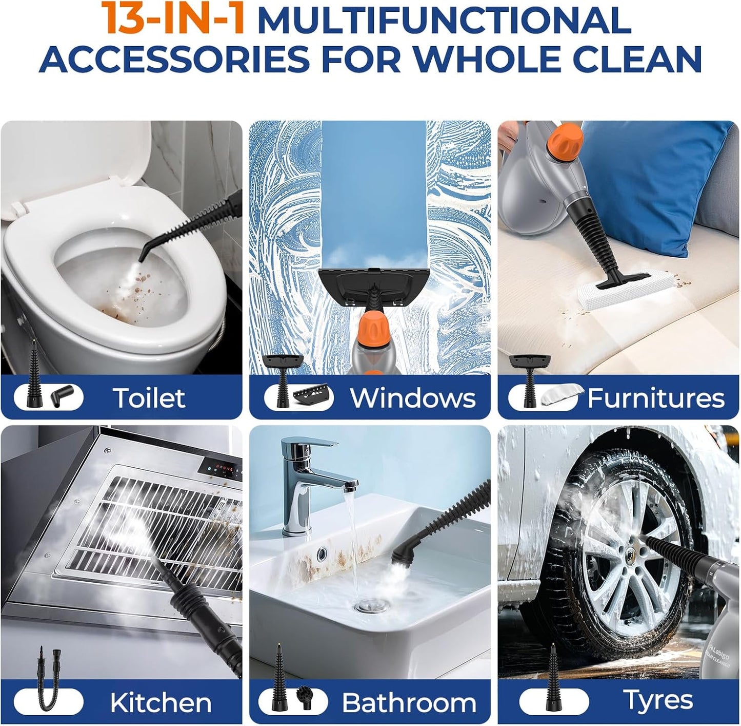 LABIGO Steam Cleaner, Pressurized Handheld 13pcs Multi-Purpose Natural Deep Cleaning Steamer, Portable Steamer for Cleaning Home, Grout, Kitchen, Car, Window, Upholstery, Bathroom and Clothes, Gray