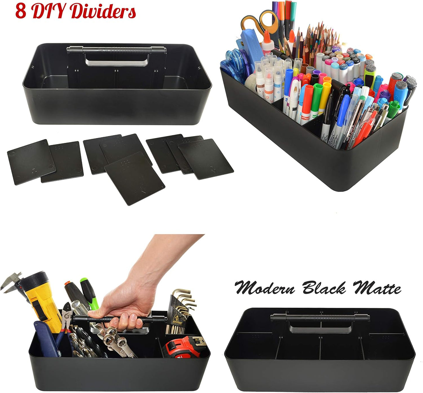 2 PACK - Portable DIY 8 Dividers Durable Plastic Tote Tool & Supply Cleaning Caddy with Handle Made In USA (Black)