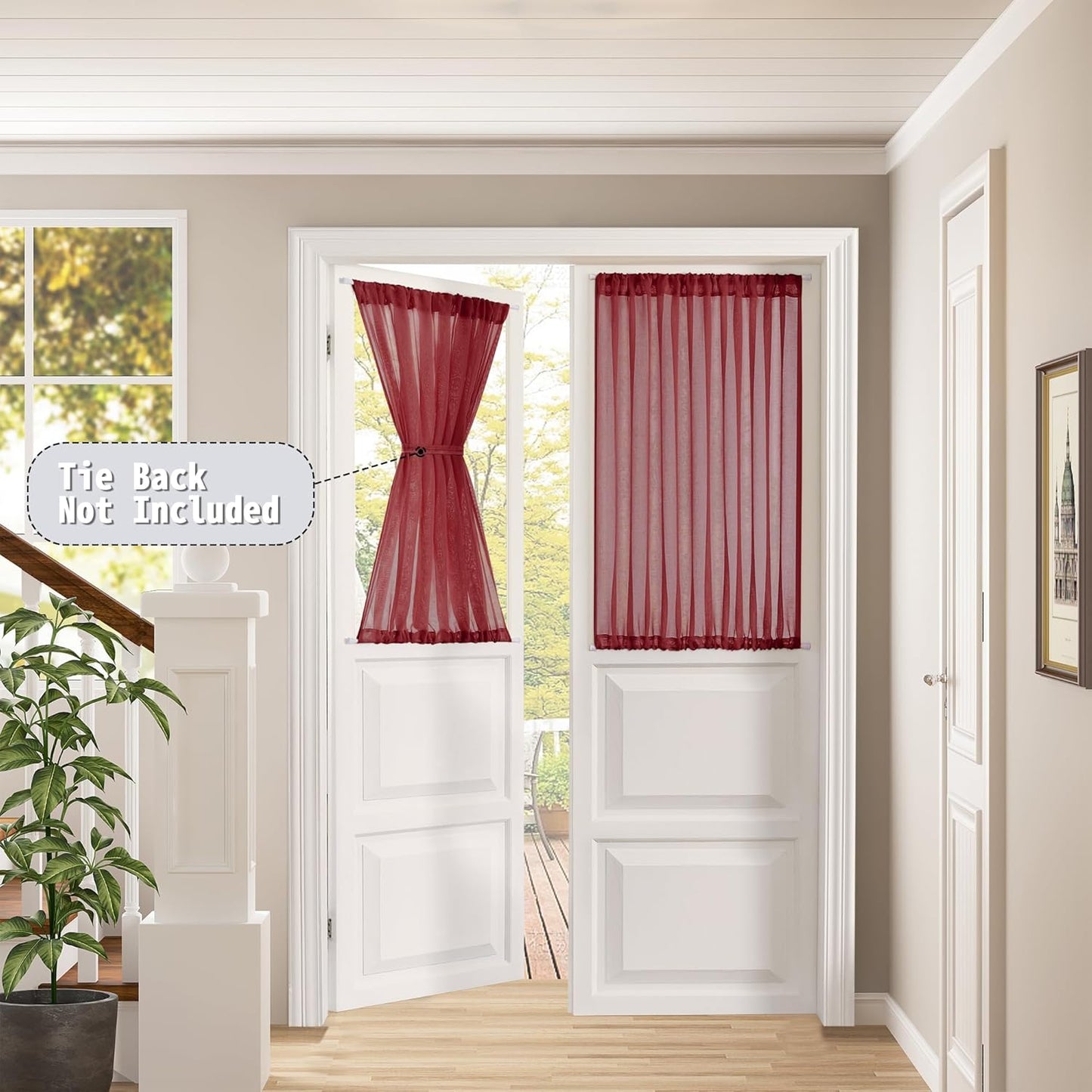 Tollpiz Short Sheer Door Curtains Closet Linen Textured Curtains Sheer Doorway Light Filtering Voile Patio Glass Door Rod Pocket Curtain French Door, 54 x 40 inches Long, Burgundy Red, Set of 1 Panel