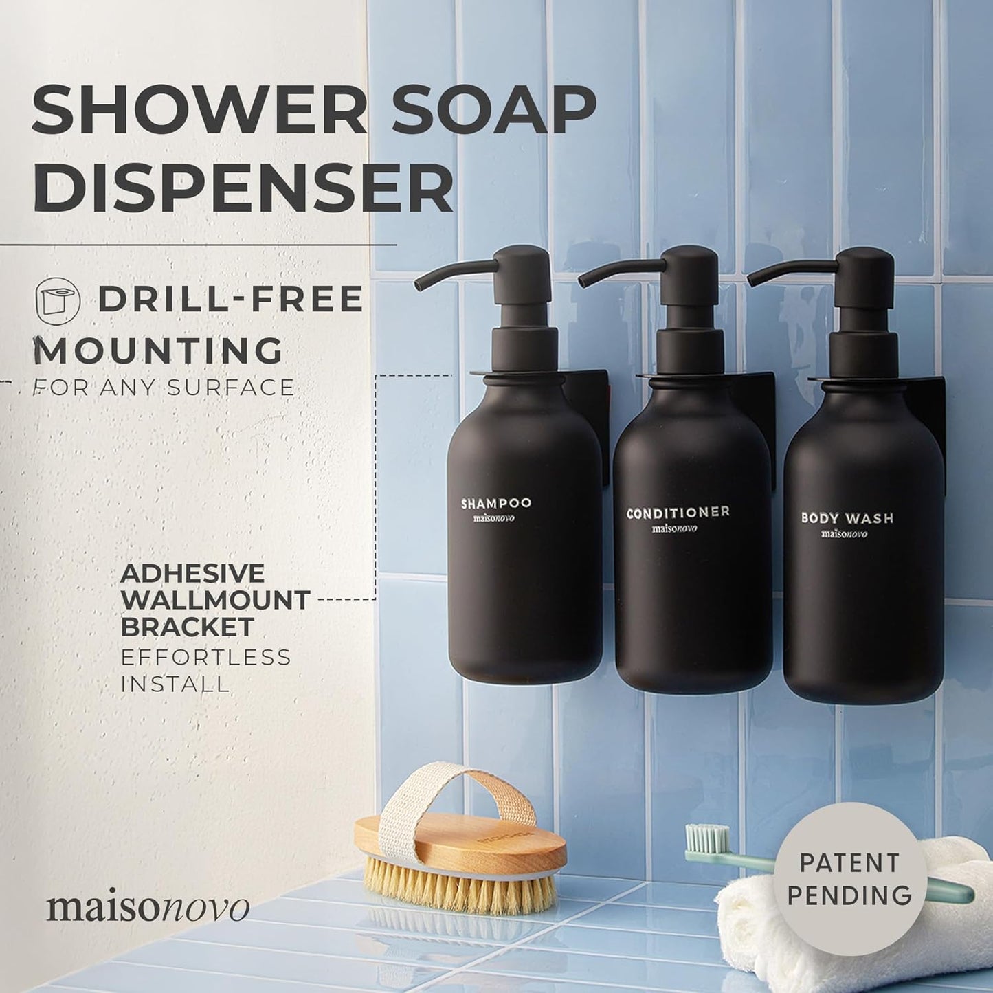 MaisoNovo Shampoo and Conditioner Dispenser - Shower Soap Dispenser Wall Mounted - 16.9 fl oz Set of 3 Black Plastic Bottles Black Pump - Shampoo Dispenser, Shower Dispenser