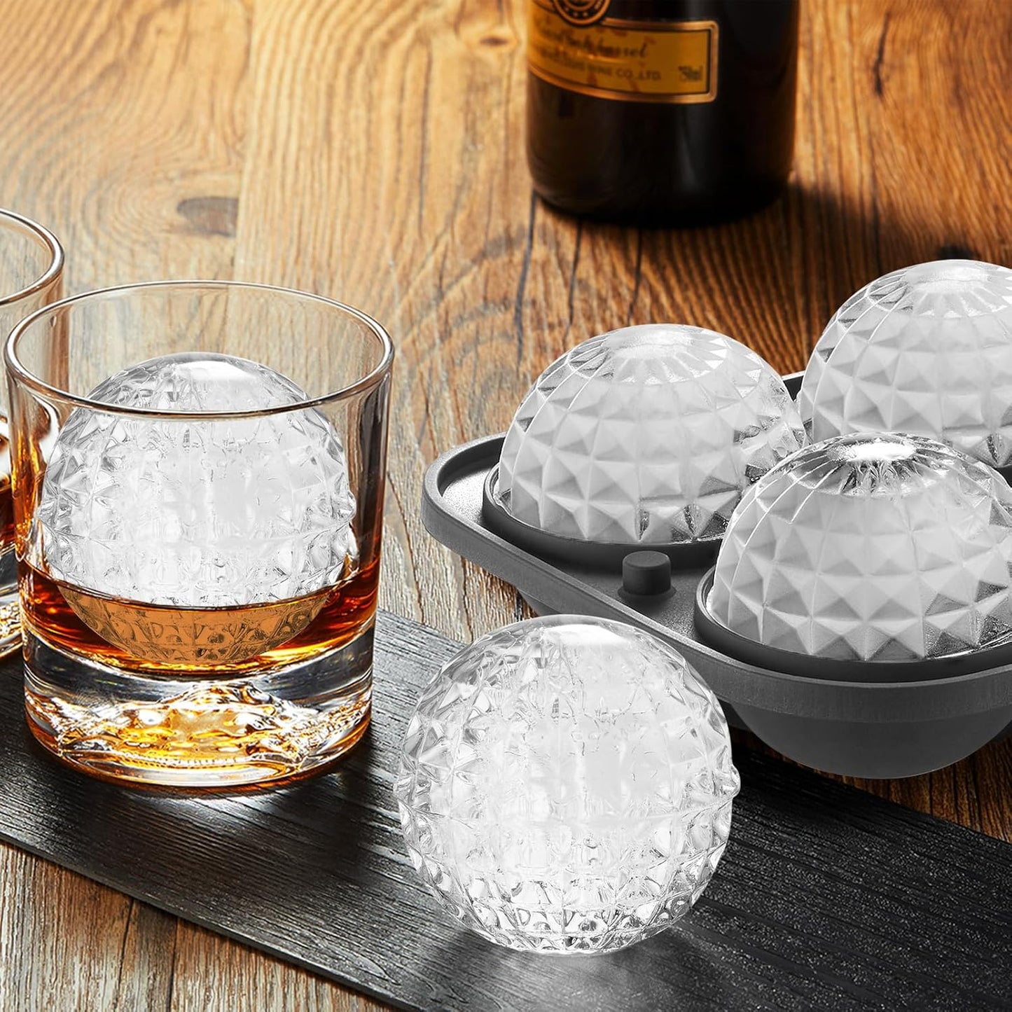 Nax Caki 3D Ball Crystal Ice Cube Tray, Large Ball Silicone Fun Shapes Whiskey Ice Mold with Funnel for Cocktails, Bourbon,Brandy, Whiskey Gifts for Men Black