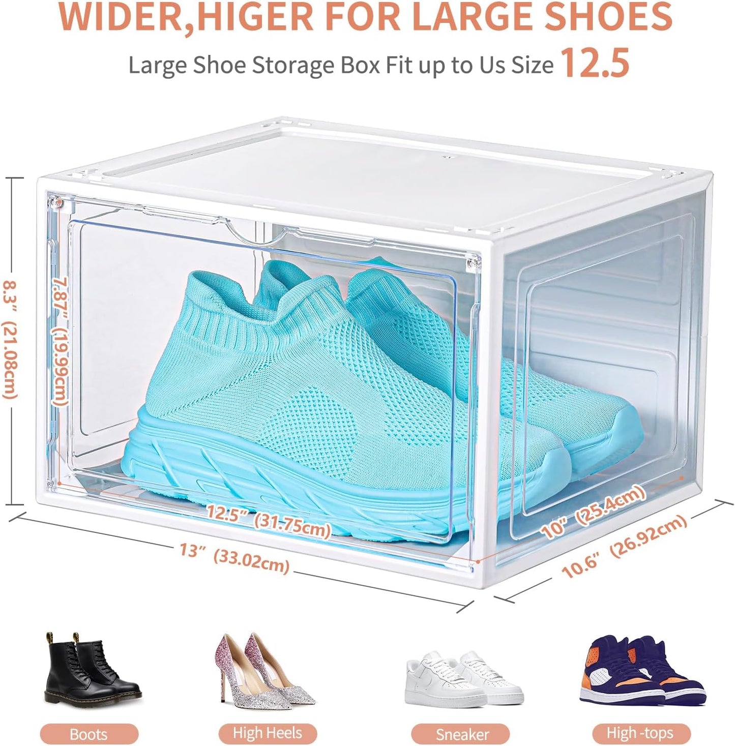 12 Pack White Shoe Boxes Stackable,Large Shoe Storage Organizer with Magnetic Door,Drop Side Shoe Containers for Entryway,Sneaker Storage Fit up to US Size 12 for Men/Women(13’’x10.62”x8.26”