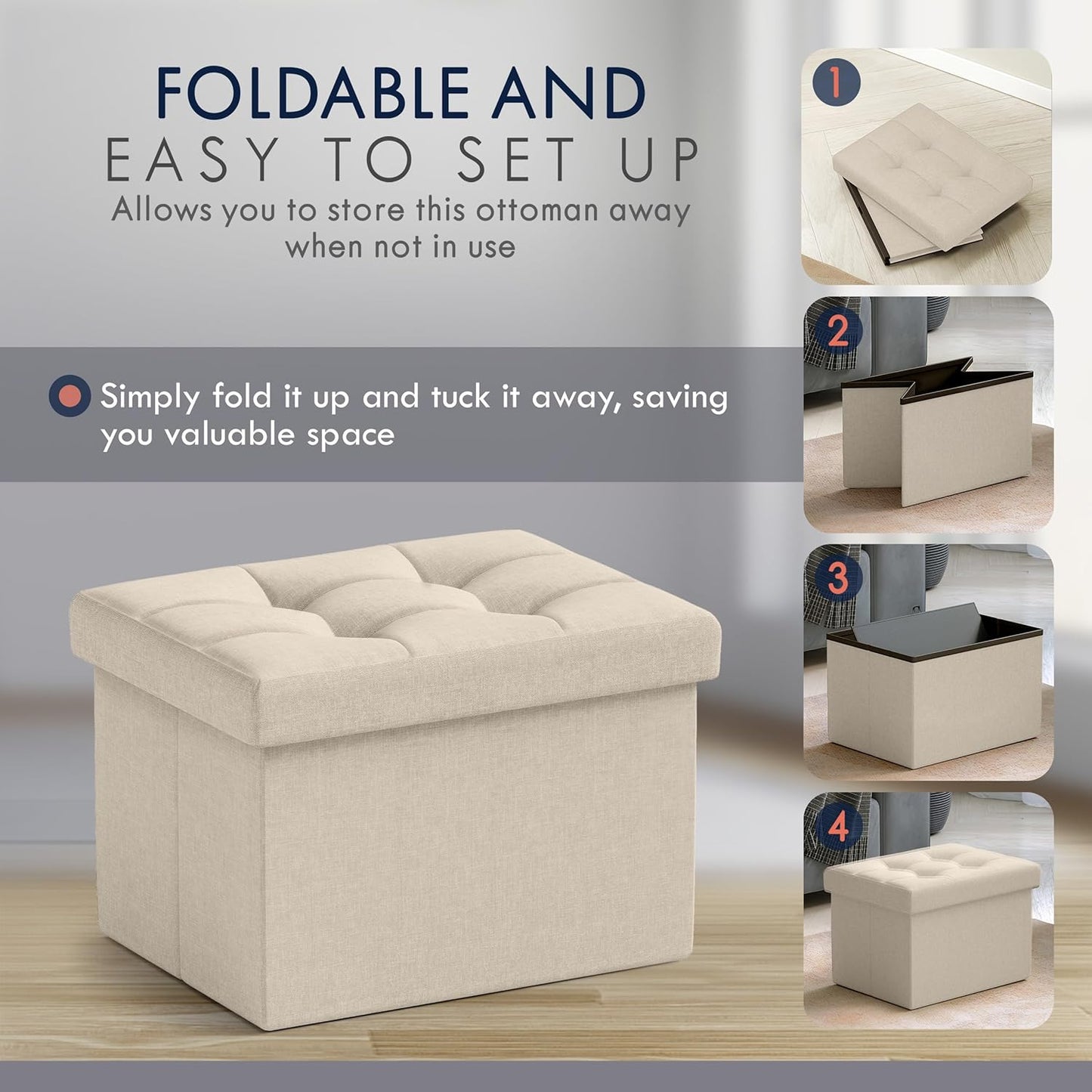 Ornavo Home Small Storage Ottoman Foldable Collapsible Rectangle Linen Ottoman Foot Rest Stool Seat, for Living Room, Bedroom, Home Office, Dorm - 12 x 16 x 12, Beige