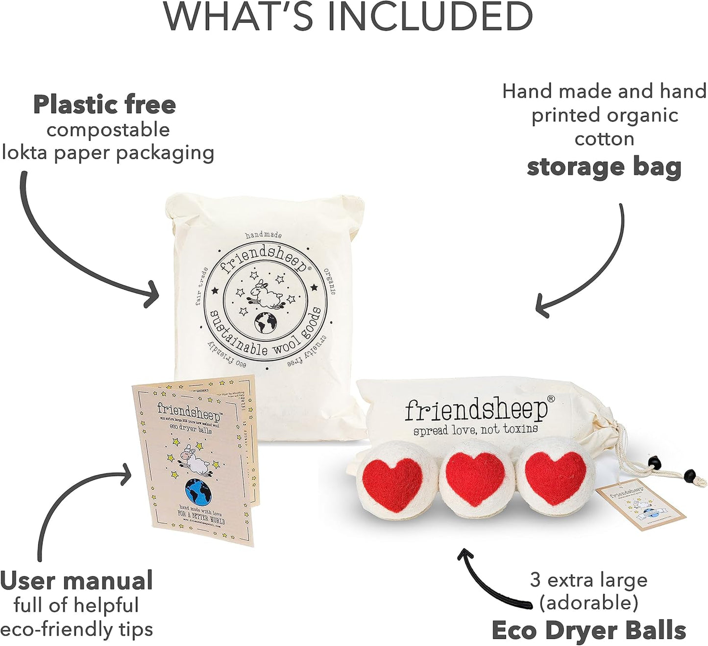 Friendsheep Wool Dryer Balls, Organic Reusable Fabric Softener Alternative for Laundry, Handmade, Fair Trade, Hypoallergenic, Eco-Friendly, Plastic-Free (3 Pack XL – Red Heart)