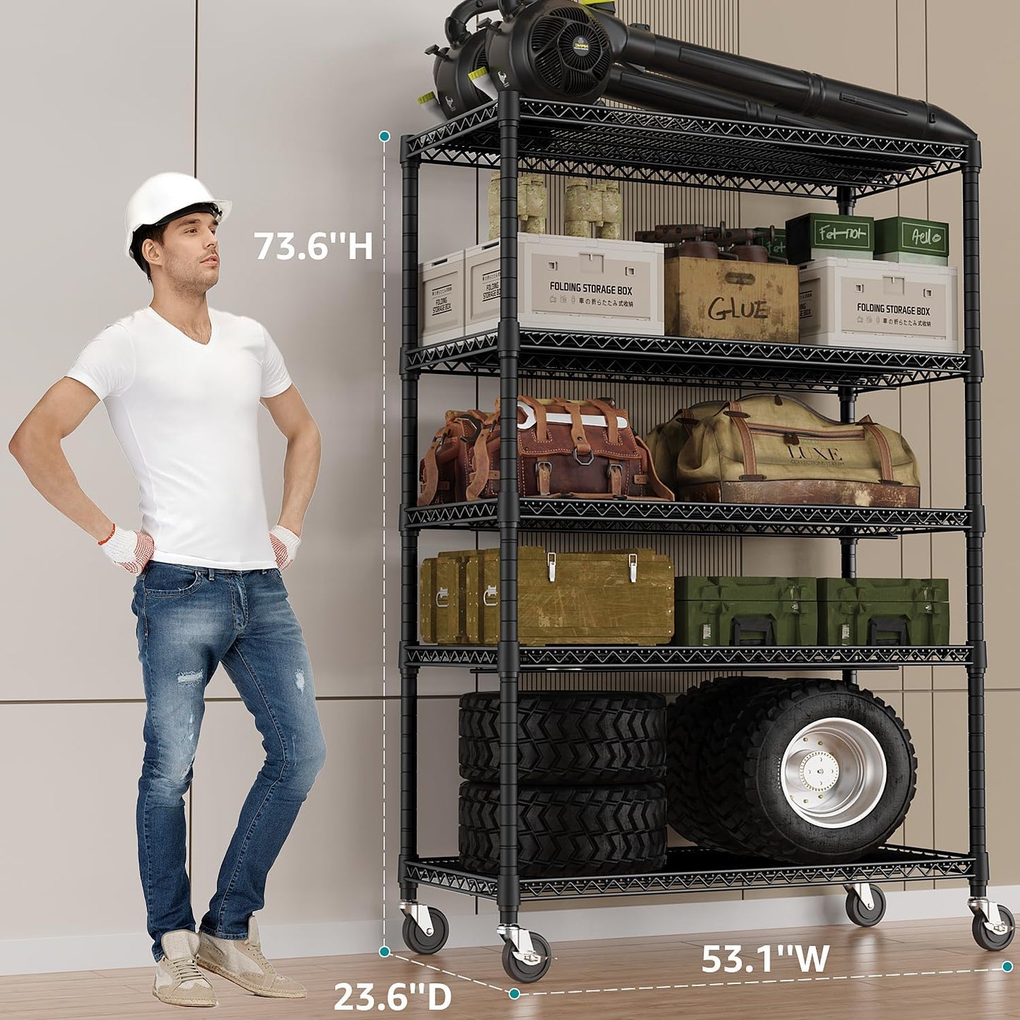 IZEUK Garage Shelving Wide Storage Shelves 5 Tier Metal Shelves 4000 LBS Heavy Duty Adjustable Utility Shelf Rack Black 23.6" D x 53.1" W x 73.6" H