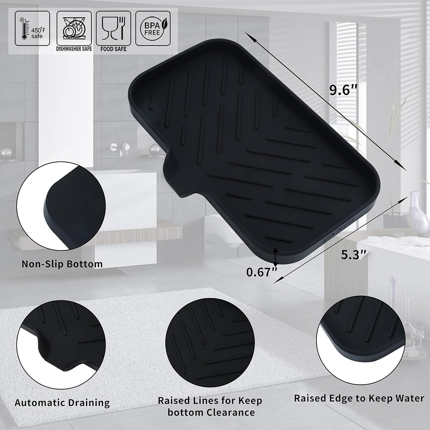 Silicone Bathroom Soap Dishes with Drain Spout-Bathroom and Kitchen Sink Organizer,Sponge Holder,Dish Soap Tray,Perfect for Dispenser,Scrubber,Bottle,Cup on Sink or Counter-Black 9.6"×5.3"