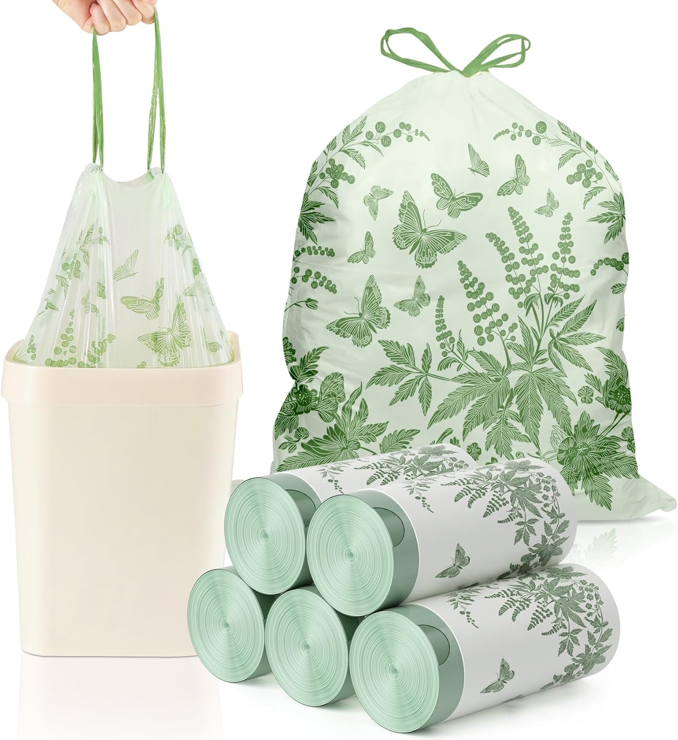 VOK 8 Gallon Trash Bags with Butterfly Printed & Sweet Wormwood Scent, Drawstring Medium Garbage Bags, Tear-Resistant & Fragrant Trash Can Liners, Trash Bags 8 Gallon for Home/Office, 125 Counts