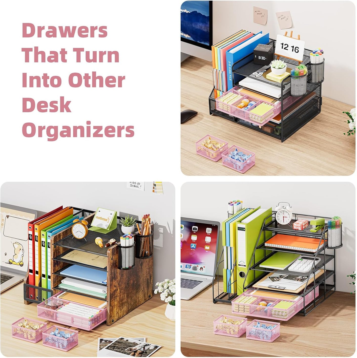 Marbrasse 3 Packs Desk Drawer Organizers, Metal Mesh Dividers with 9 Adjustable Compartments, Pen Organizer for Drawer Tray Box Accessories for Desktop,Kitchen, Makeup(Pink)
