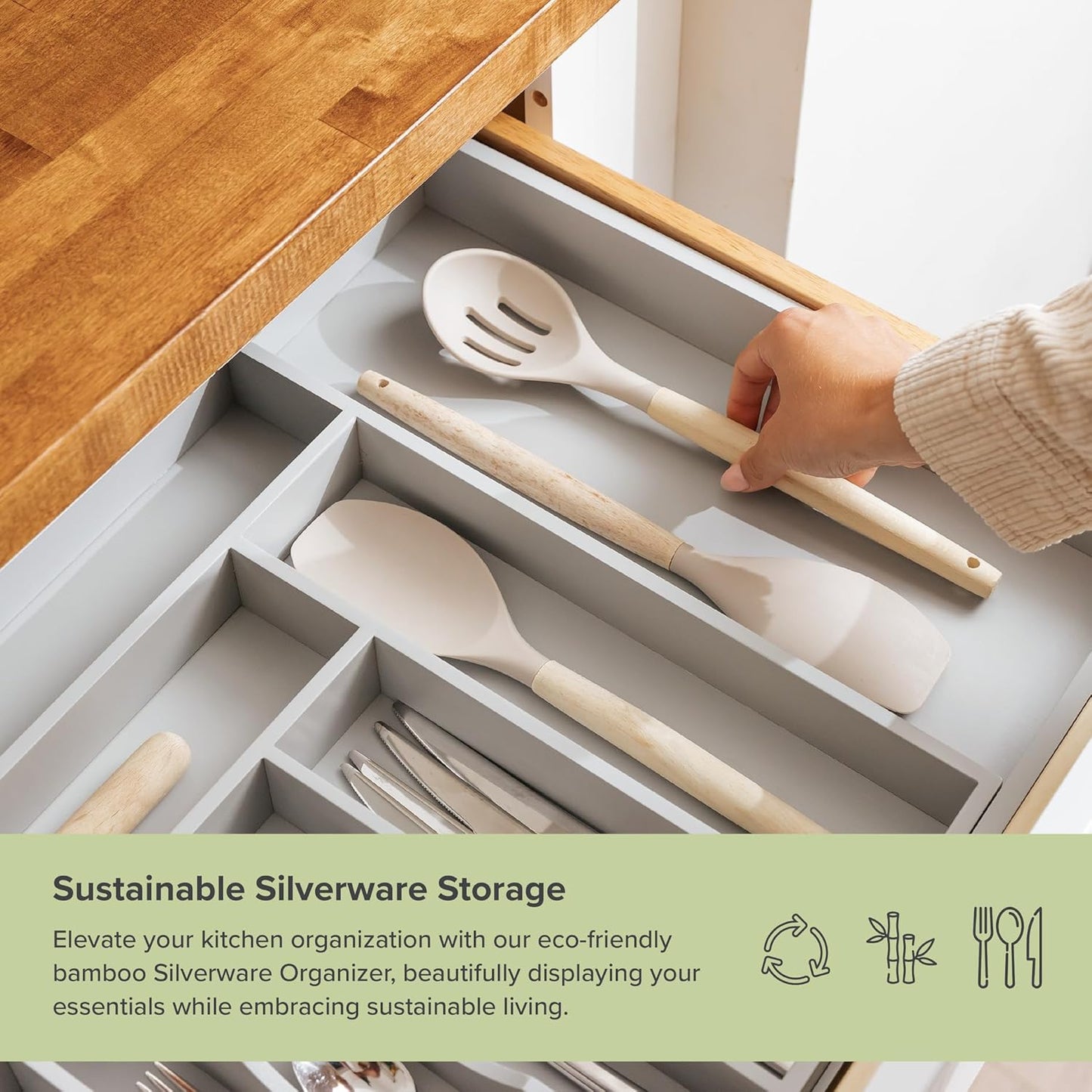 KitchenEdge Premium Silverware, Flatware and Utensil Organizer for Kitchen Drawers, Food-Safe Contract Grade, Expandable from 18 to 33 In, Gray Bamboo