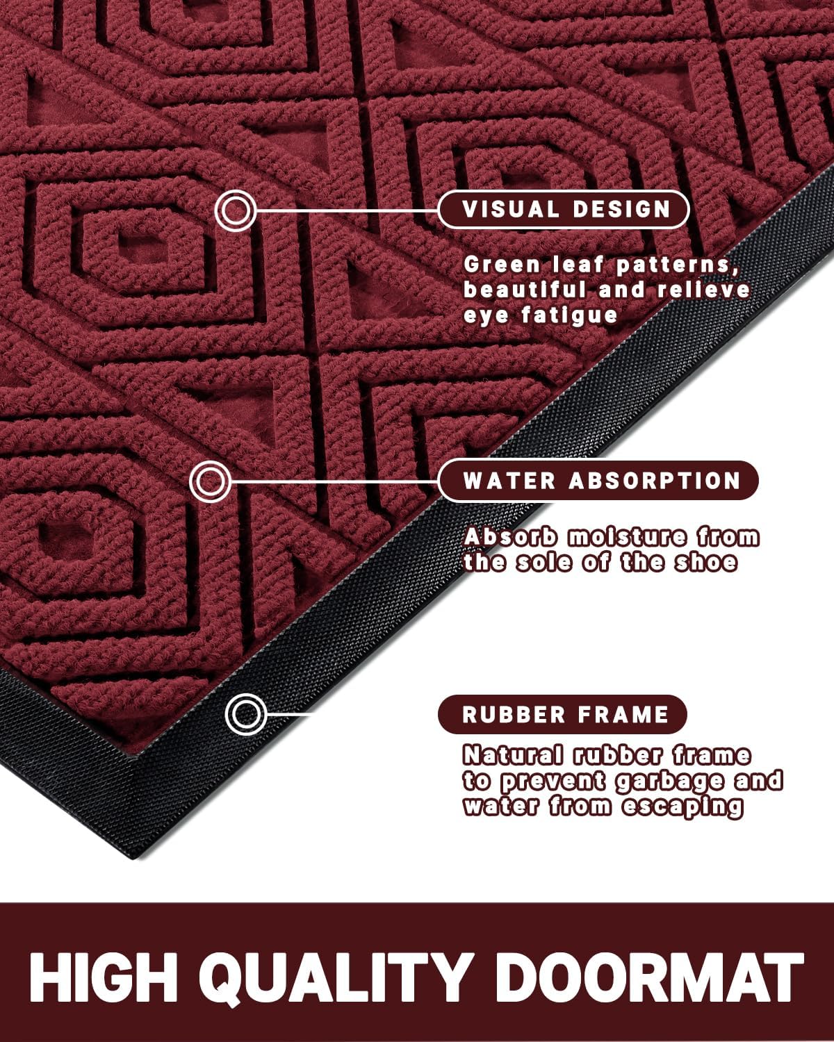 Yimobra Door Mat, Outdoor Indoor Entrance Welcome Mat, Heavy Entry Front Door Mat, Stain & Fade Resistant, Low Profile, Sturdy Rubber, Easy Clean Patio Floor Mat, Waterproof, 47 x 24, Wine Red