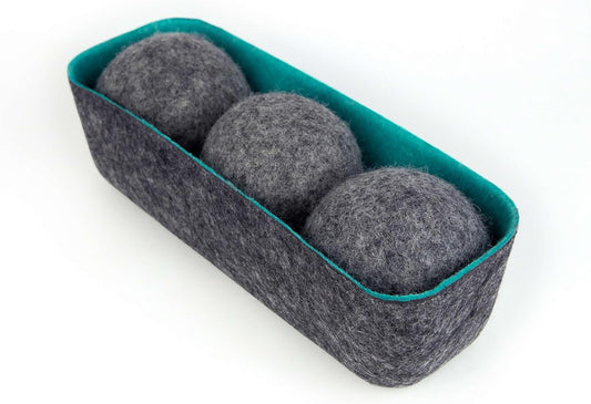 Three by Three Seattle Felt·Like·it!™ XL Wool Dryer Balls + Storage Bin: Reduce Drying Time, Static Cling, and Energy Use | Natural Alternative to Fabric Softeners | (Pack of 3 Grey Dryer Balls)