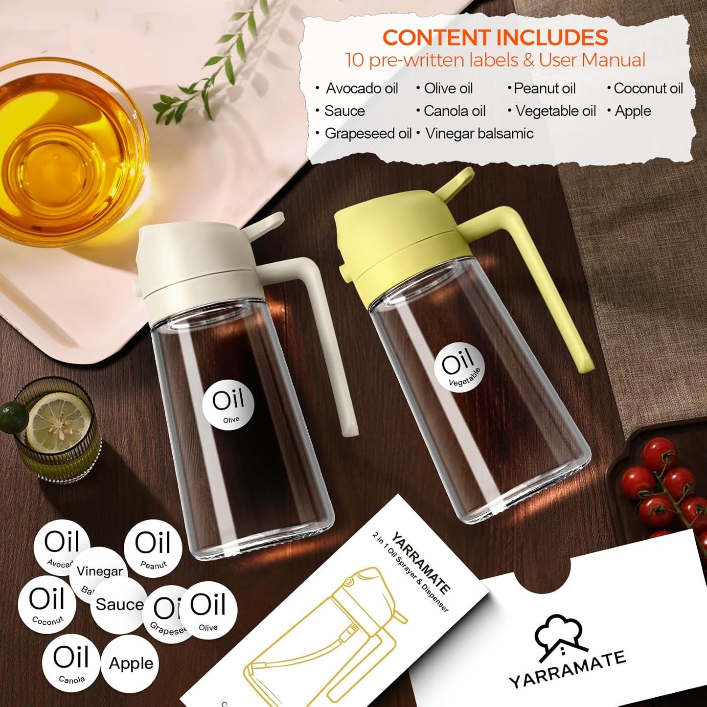 YARRAMATE 16oz/470ml Glass Olive Oil Sprayer for Cooking with Stickers, 2 in 1 Oil Dispenser for Kitchen Gadgets, Food Grade Premium Spray Bottle for Salad, Frying, BBQ (Pomelo)