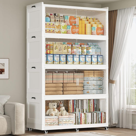 200GAL Extra Large Storage Bins with Lid, 800QT Collapsible Organizer with Wheels, Stackable Closet Cabinet with Doors, Folding Storage Containers for Home, Office, Dorm, 4Pack White