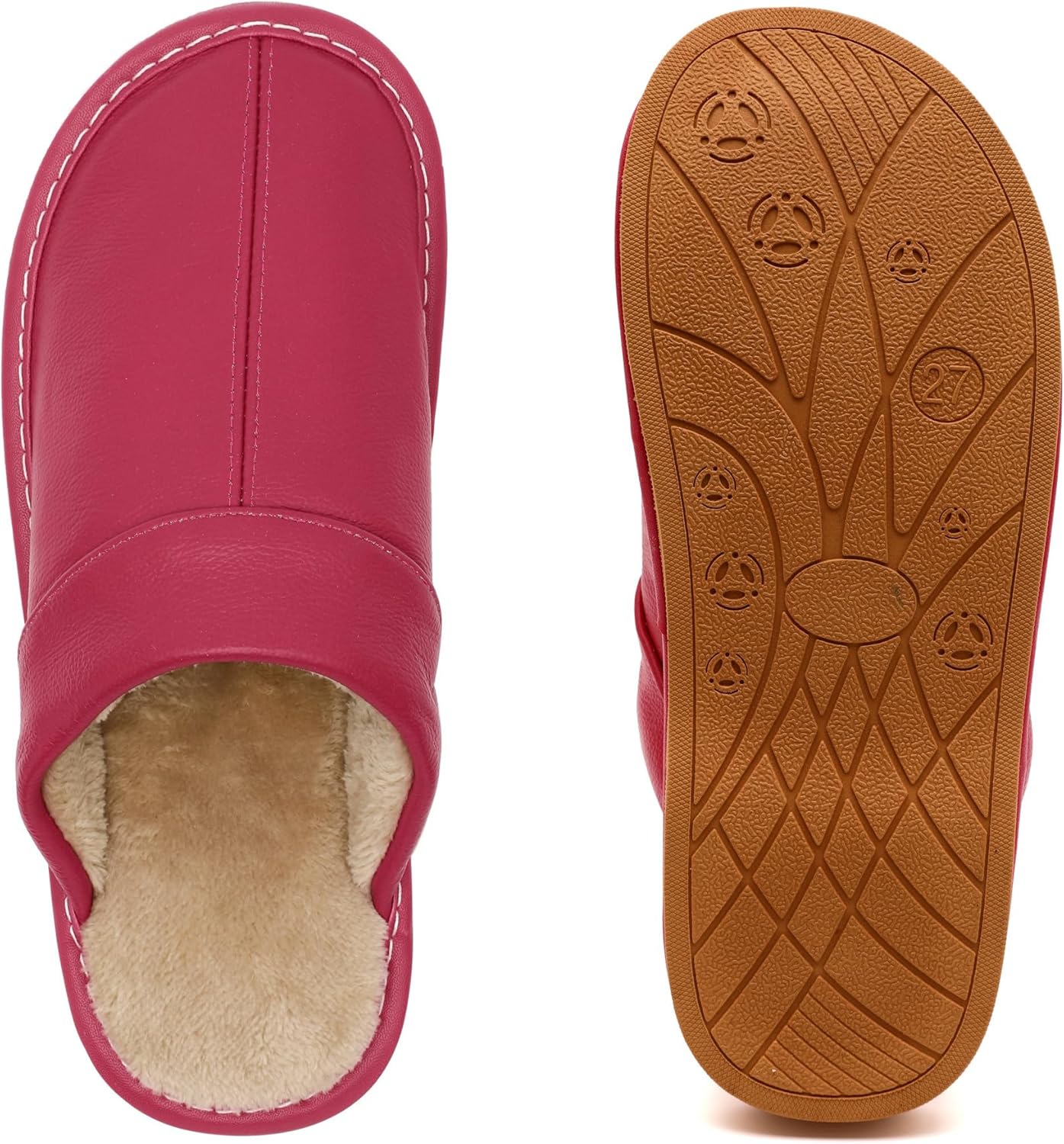 Slippers for Women Men, Genuine Leather Slippers Indoor Outdoor, Fuzzy Bedroom House Shoes for Women Men, Plush Lining Womens Sandals Slip-on