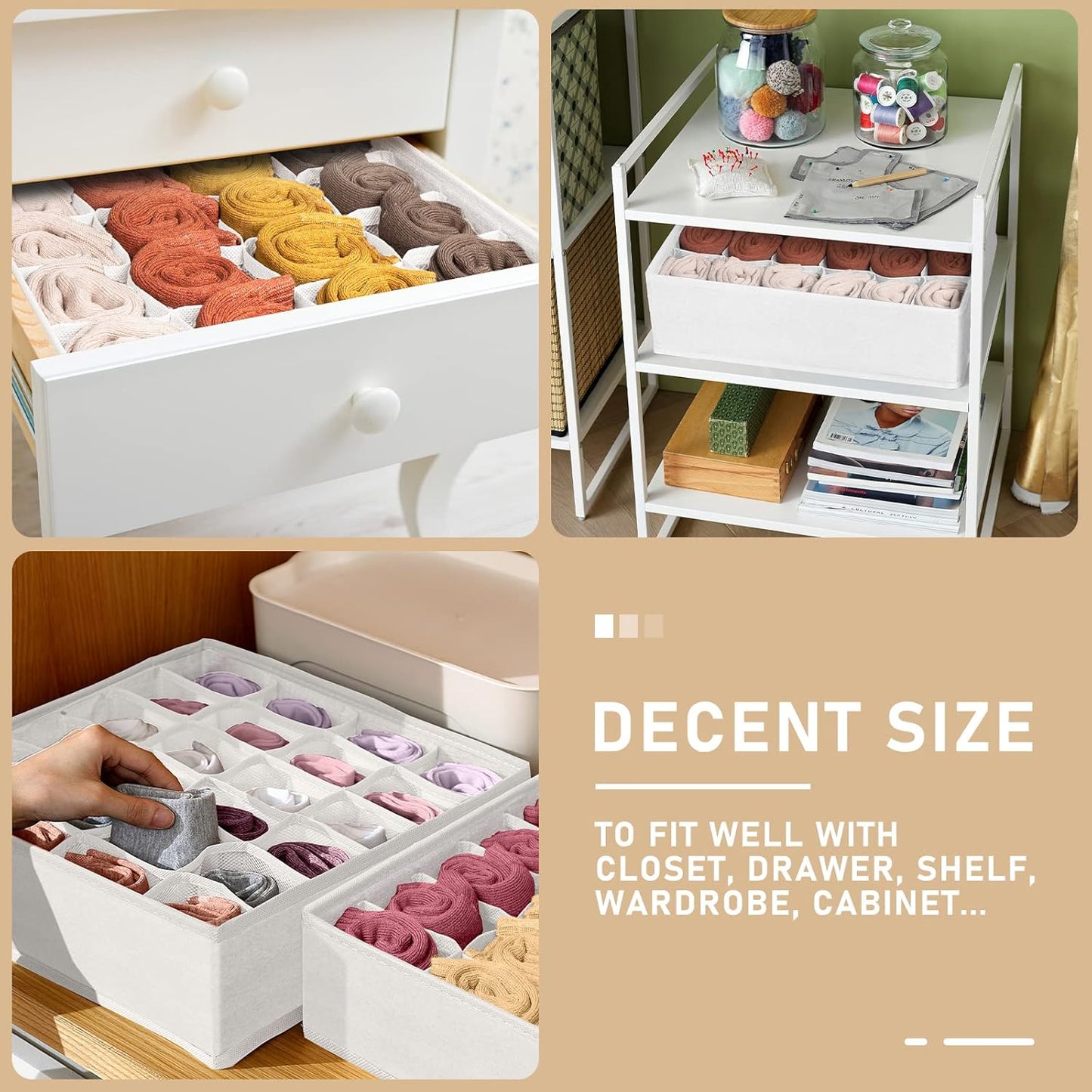 Criusia 3 Pack Sock Underwear Drawer Organizer Dividers, 64 Cell Fabric Foldable Cabinet Closet Organizers and Storage Boxes for Storing Socks, Panties, Ties (16+24+24 Cell, White)