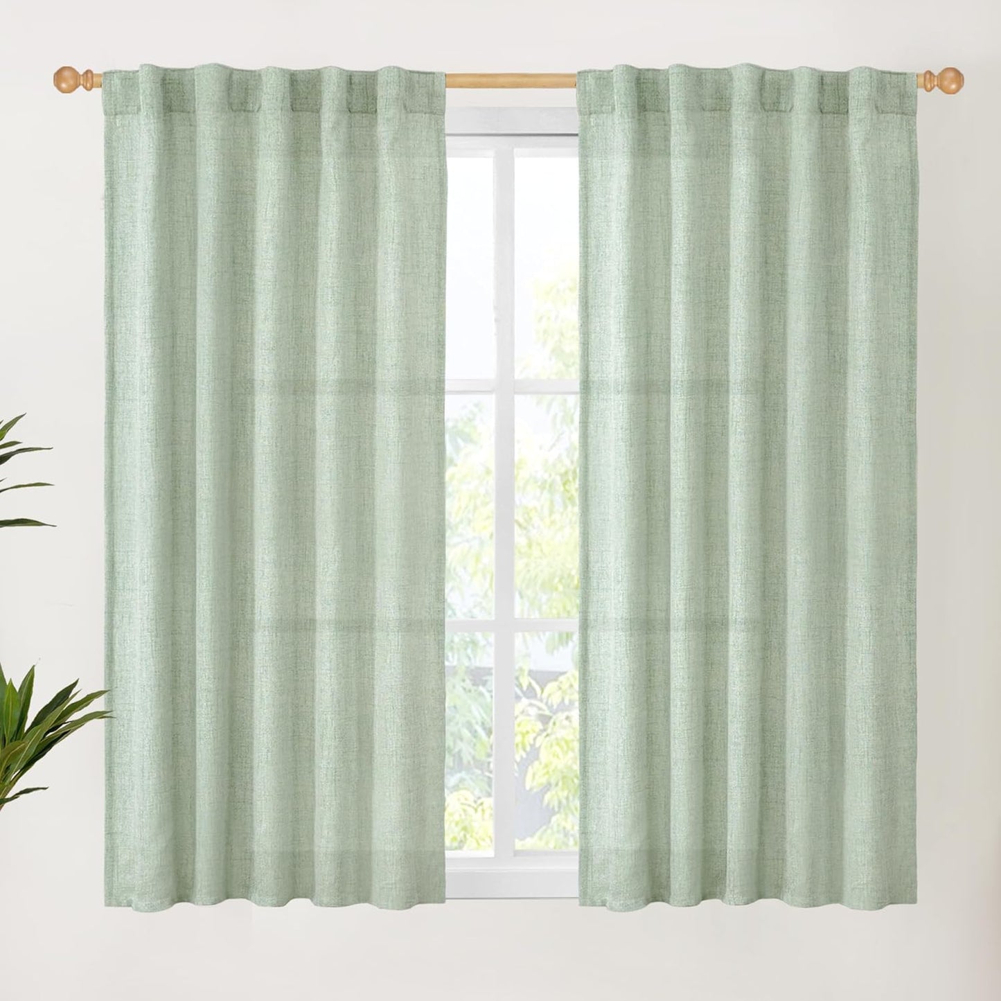 YoungsTex Sage Green Short Linen Curtains 48 Inch Length for Kitchen, Semi Sheer Small Window Drapes Rod Pocket Back Tab Light Filtering for Living Room Cafe Spring Decor, 2 Panels, 42 X 48 Inch