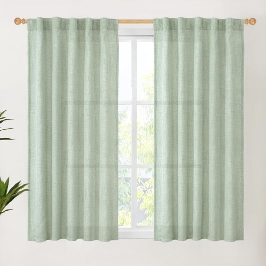 YoungsTex Sage Green Short Linen Curtains 48 Inch Length for Kitchen, Semi Sheer Small Window Drapes Rod Pocket Back Tab Light Filtering for Living Room Cafe Spring Decor, 2 Panels, 42 X 48 Inch