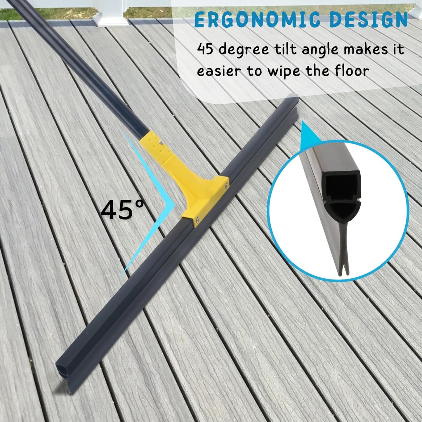 Floor Squeegee for Concrete, 30'' Large Rubber Broom for Tile, 59'' Long Handle Heavy Duty Water Wiper for Garage, Deck