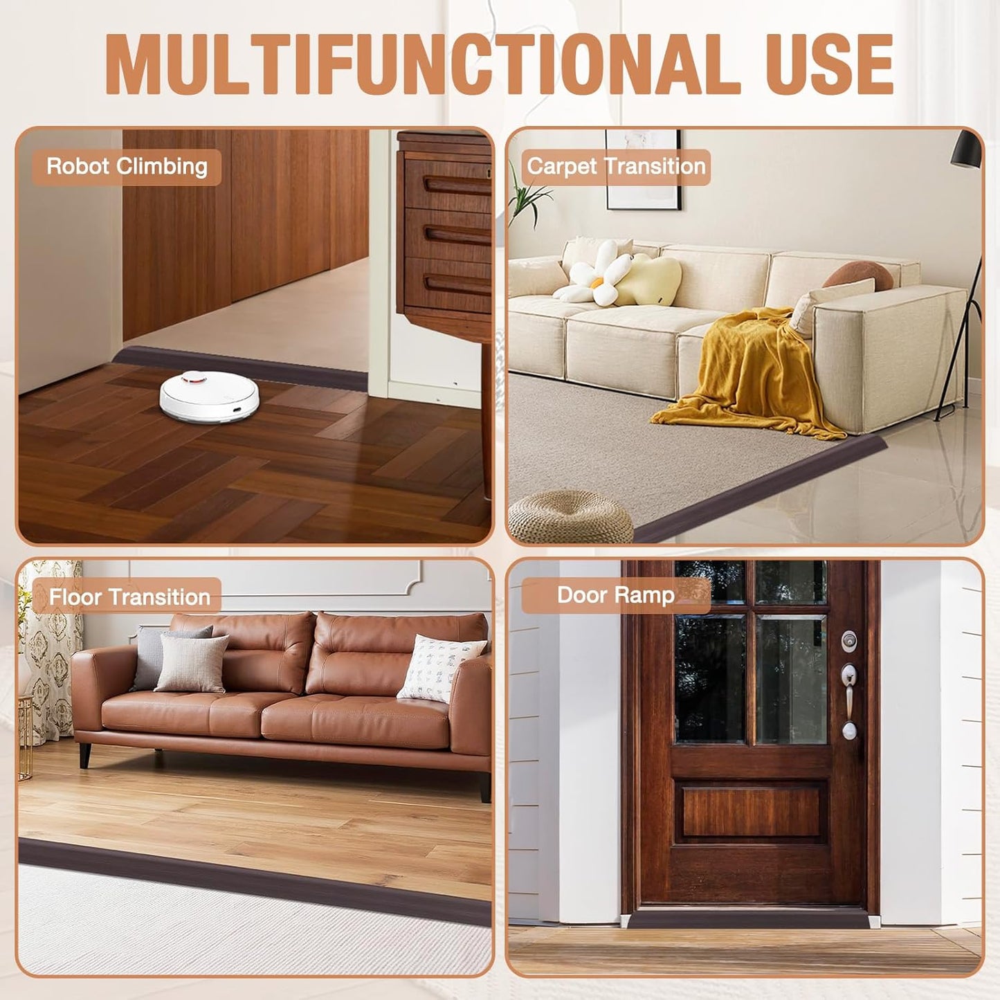 Floor Transition Strip Self Adhesive Vinyl Door Threshold for Doorways Carpet Edging Trim Overlap Edge Reducer for Laminate Floor, Carpet, Tile (Dark Walnut Grain, 1/5" to 2/5", 6.6Ft)