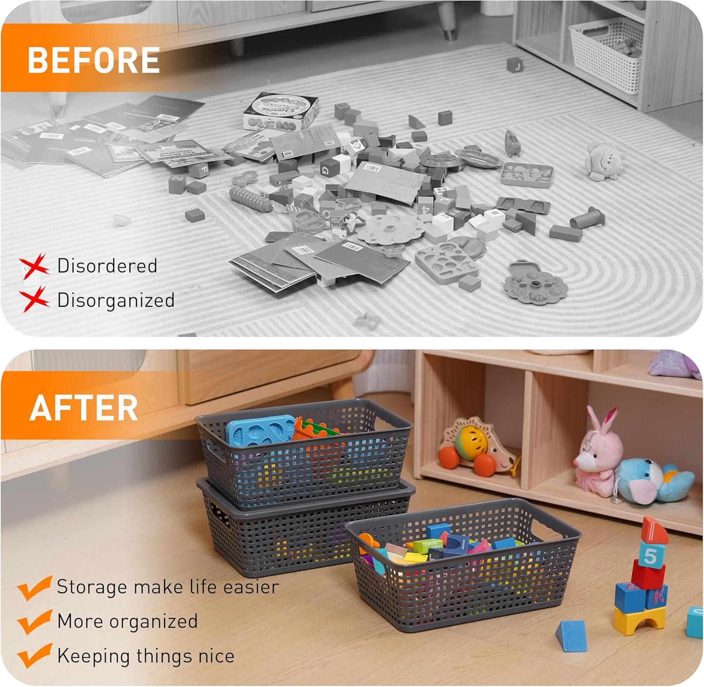 Plastic Storage Baskets With Lid, Storage Bins for Organizing, Stackable Decorative Containers for Shelves Drawers Desktop Closet Playroom Classroom Office, 8 Pack-Grey