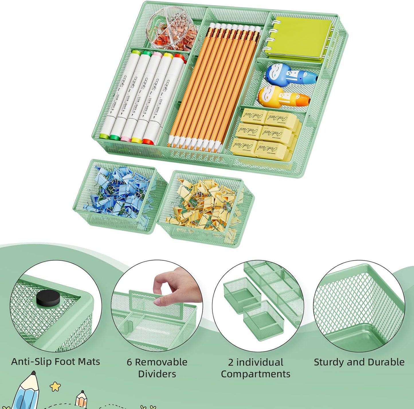 Marbrasse 3 Packs Desk Drawer Organizers, Metal Mesh Dividers with 9 Adjustable Compartments, Pen Organizer for Drawer Tray Box Accessories for Desktop,Kitchen, Makeup(Green)