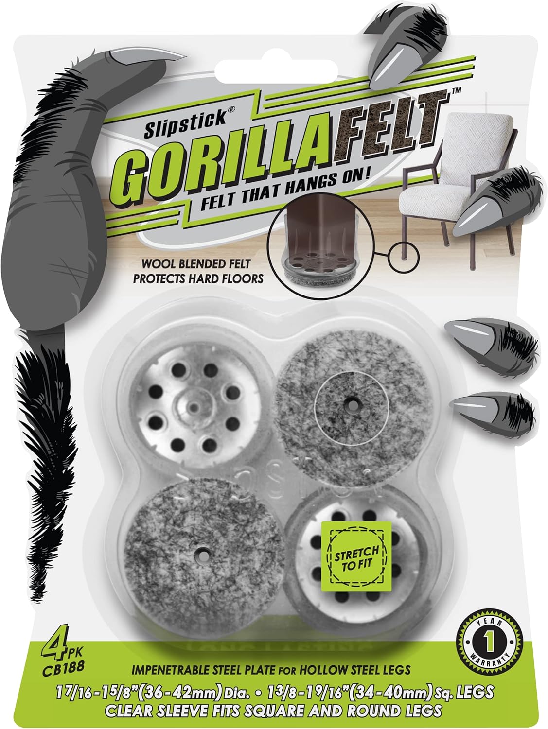 Slipstick GorillaFelt Chair Leg Floor Protectors for Hardwood Floors, Clear Sleeve Felt Pads for Furniture That Stay On, Fits Round & Square Legs, Includes 4 Premium Transparent Chair Socks, CB188