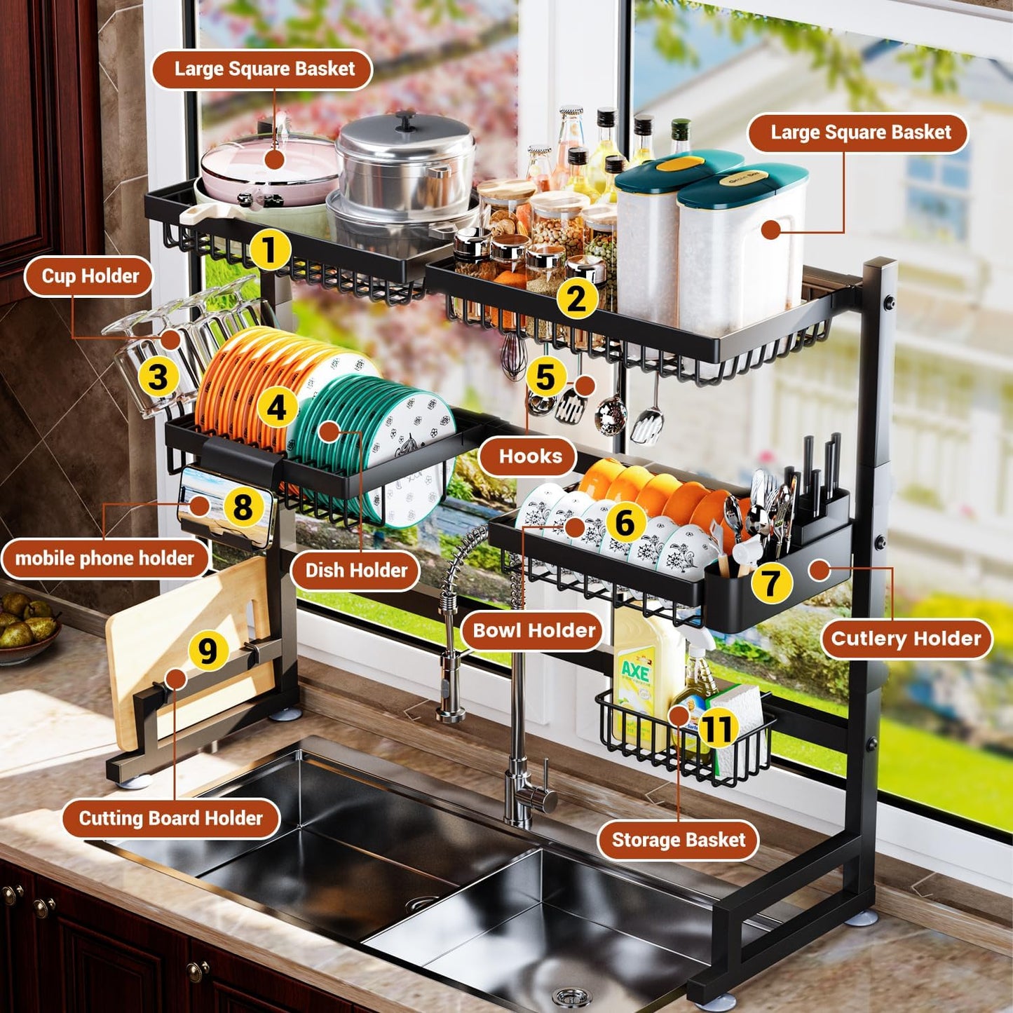 3-Tier Over Sink Dish Draining Rack, Adjustable Width and Height, with Phone Holder, Cup Holder, Knife and Chopstick Holder, Cutting Board Rack, Space-Saving Rack