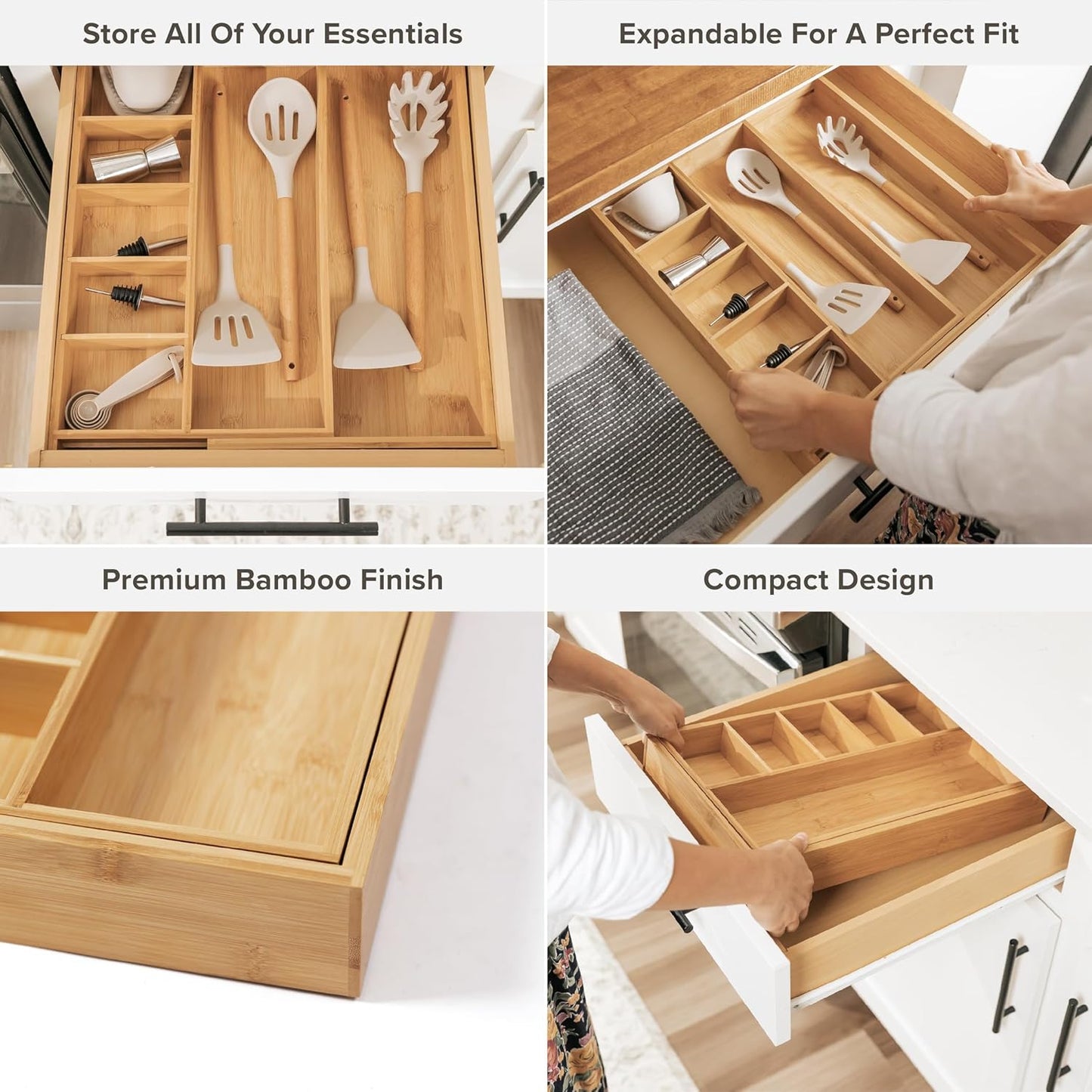 KitchenEdge Adjustable Kitchen Drawer Organizer for Utensils and Junk, Food-Safe Contract Grade with 100% Sustainable Wood, Expandable from 10.5 to 19 Inches Wide - Natural Bamboo