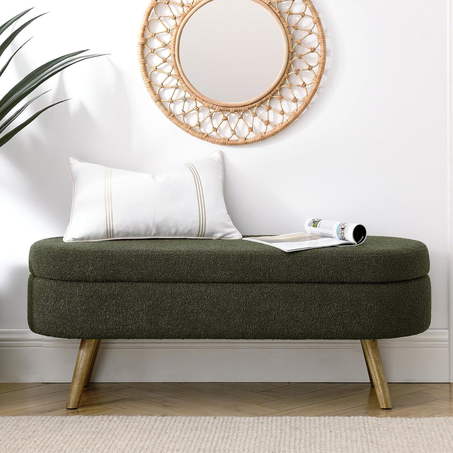 Furnimart 43.5" Queen Size Storage Bedroom Bench for End of Bed, Faux Linen Upholstered Storage Ottoman with Solid Wood Leg for Bedroom,Living Room, Entryway, Beige