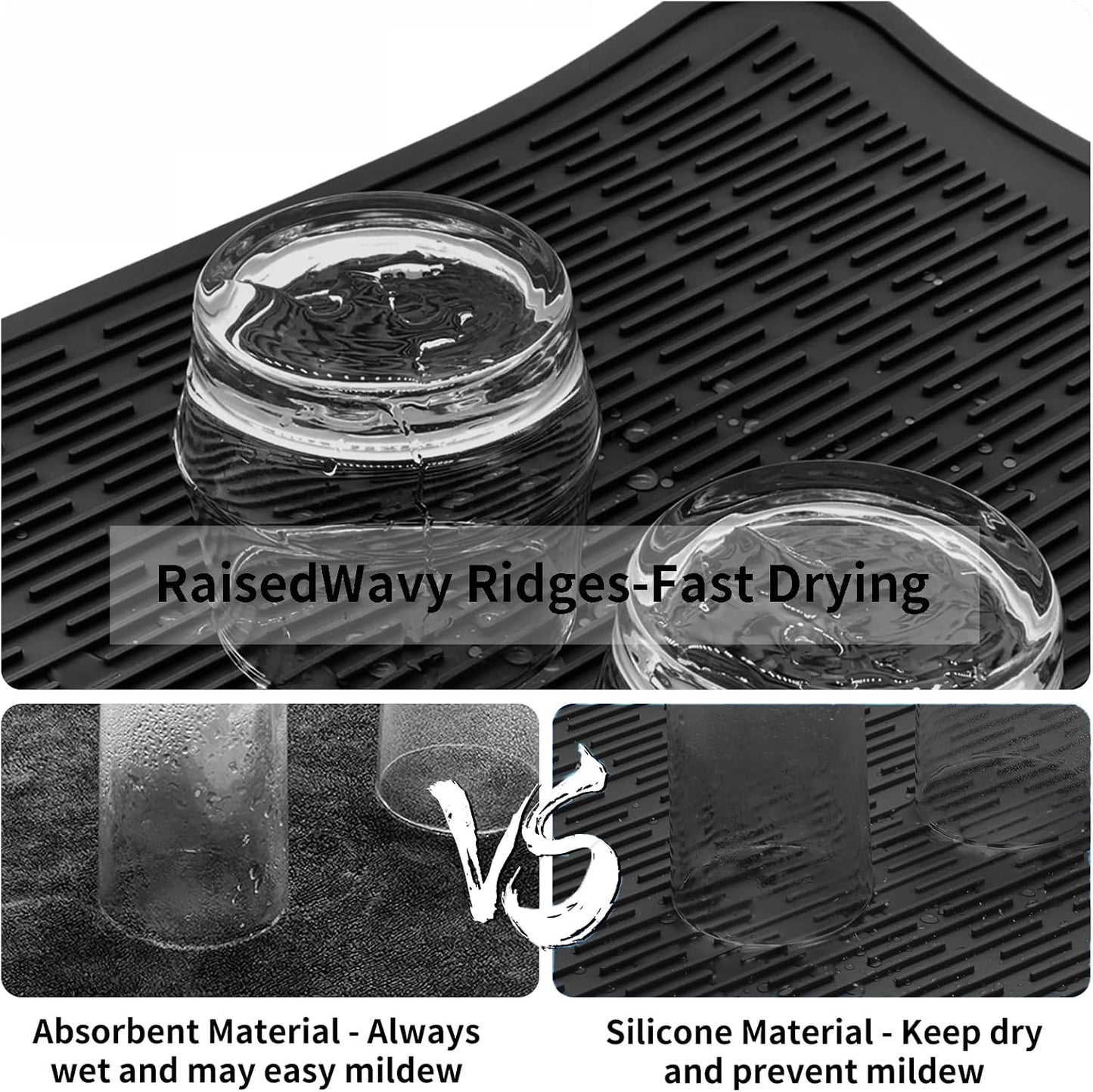 ZLR Silicone Dish Drying Mat for Kitchen Counter, Eco-Friendly Fast Dry Dish Mat, Easy Clean Multi Usage Drying Matt, Heat Resistant Trivet, 16" x 18" XL, Black