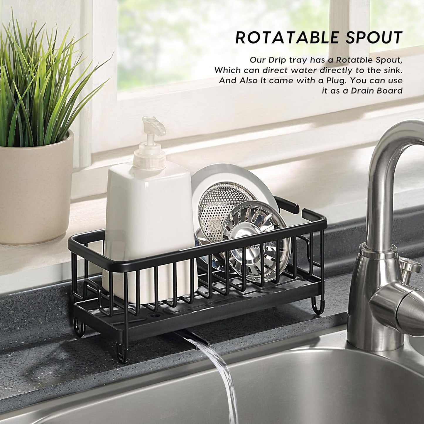 SunnyPoint Never Rust Aluminum Utensil, Sink Cleaning Tools Holder for Kitchen Sink with Drain Board; Dish Wand, Sponge, Soap Dispenser, Utensil Organizer Caddy (BLK)