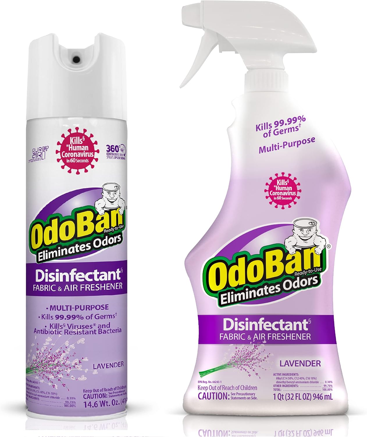 OdoBan Ready-to-Use Disinfectant and Harsh Aroma Eliminator, Cleaner and Fabric/Air Freshener, Set of 2, 14.6 Ounce 360-Degree Continuous Spray and 32 Ounce Trigger Spray, Lavender Scent