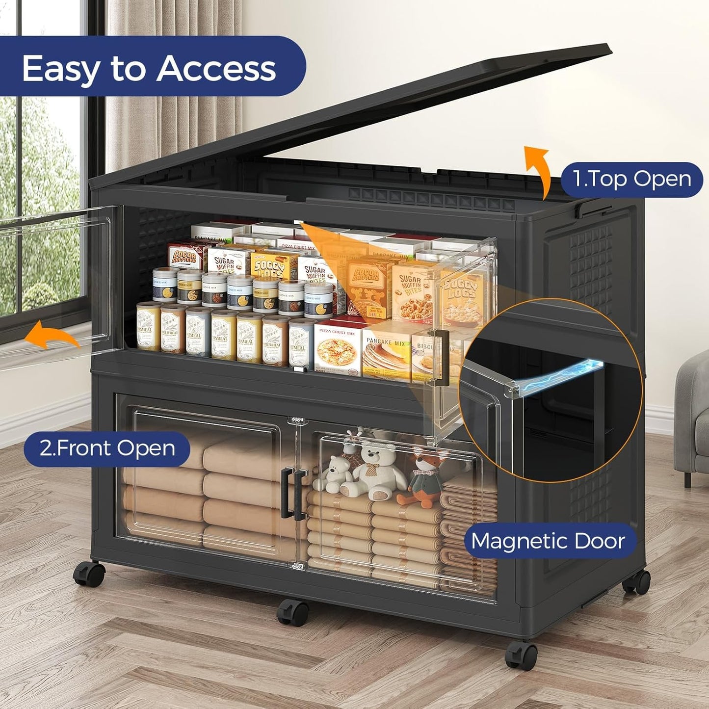 150GAL Extra Large Storage Bins with Lid, 600Qt Stackable Closet Organizers and Drawers, Collapsible Storage Bins with Wheels, Folding Storages Cabinet for Home Bedroom Office, 3Pack Black