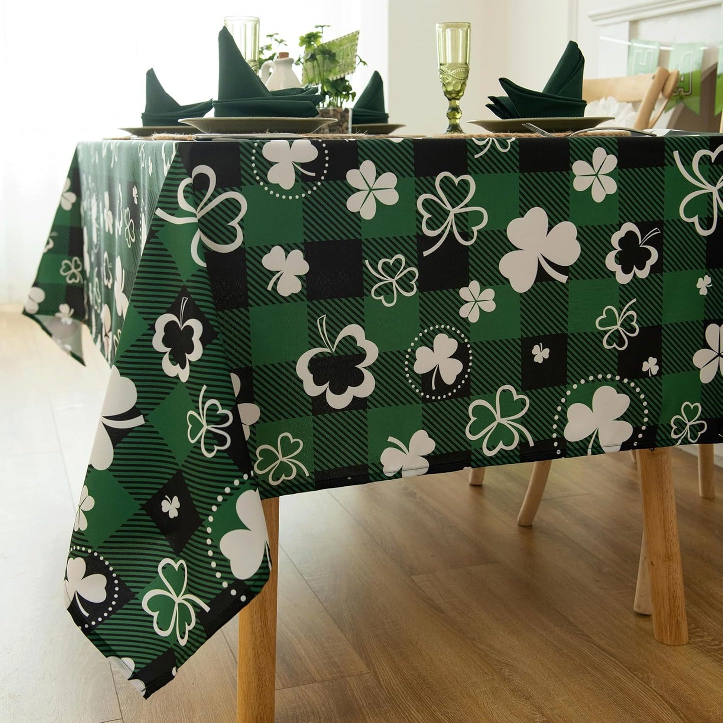 Green Waterproof Plaid St.Patrick Tablecloth Fabric - Square 58x58 Inch Classic Gingham Checker Holiday Table Cloth for Indoor Use - Lucky Shamrock Table Cover for BBQs, and Parties