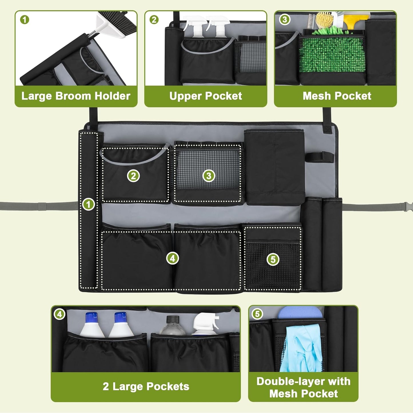 32-55 Gallon Trash Can Caddy Bag, Garbage Bin Apron Caddy with Multiple Pockets for Cleaning Supplies, Cleaning Tool Organizer with Adjustable Buckle for Janitorial Trash Can, Black+Gray