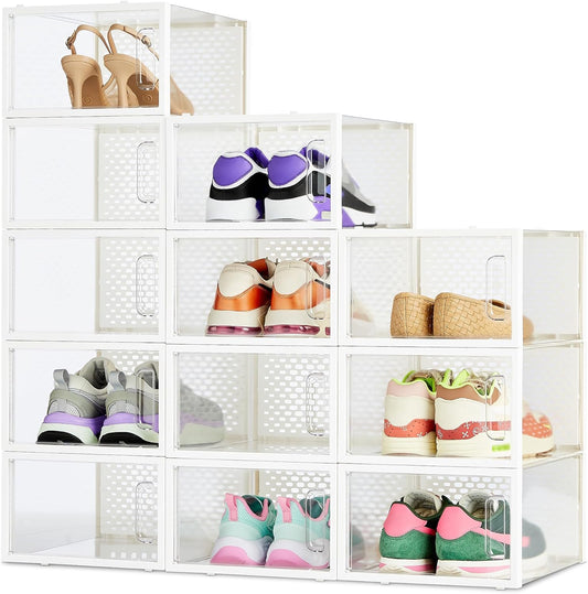 Amazon Basics Stackable and Foldable Clear Shoe Storage Organizer Box, Medium, Pack of 12