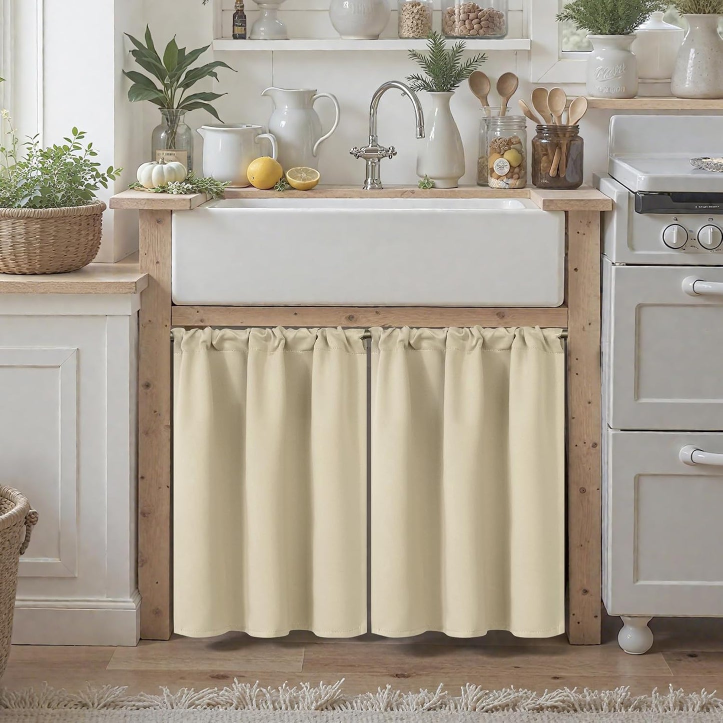 BGment Beige Curtains Kitchen Window Over Sink 36 Inches Length - Short Drapes with Rod Pocket Thermal Insulated Privacy for Cafe Bathroom Small Window, 2 Panels
