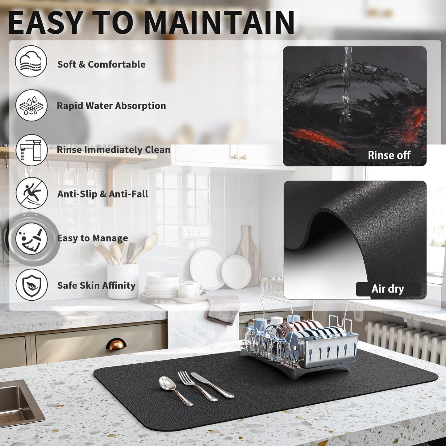 Dish Drying Mat for Kitchen Counter, Heat Resistant Drainer Mats with Non-slip Rubber Backed, Hide Stain Kitchen Super Absorbent Draining Mat, Easy to Clean Dish Rack Pad, Black 18"x28"